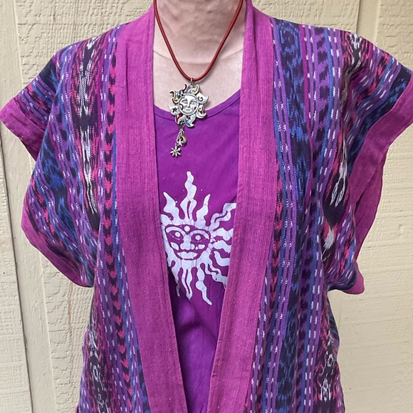 Handmade reversible purple cotton aztec Ikat tunic vedt open front jacket OS - Picture 2 of 13